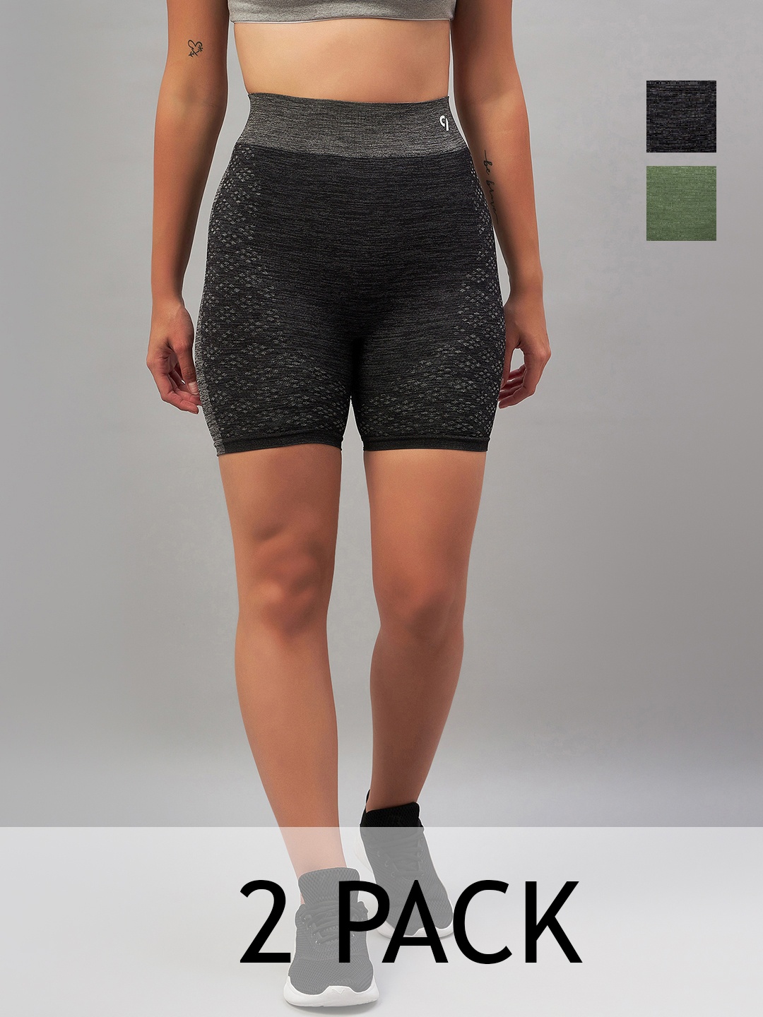 

C9 AIRWEAR Women Pack of 2 Printed Skinny Fit High-Rise Cycling Sports Shorts, Black
