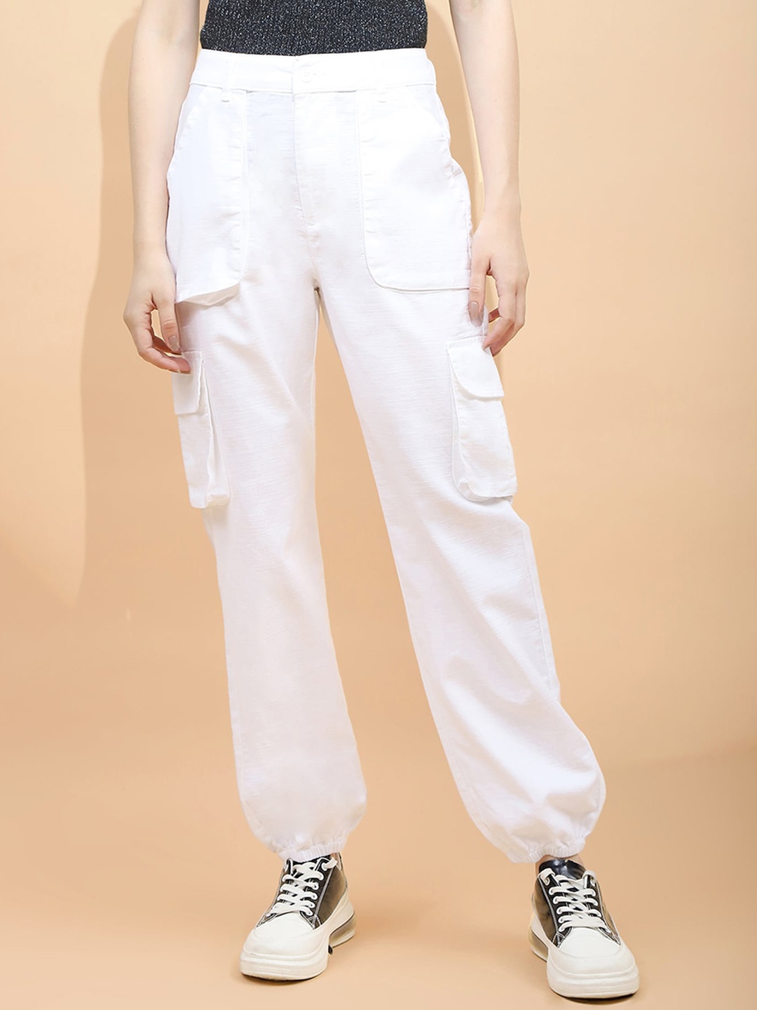

Global Republic Women Smart Easy Wash Mid-Rise Cotton Cargos Trousers, White