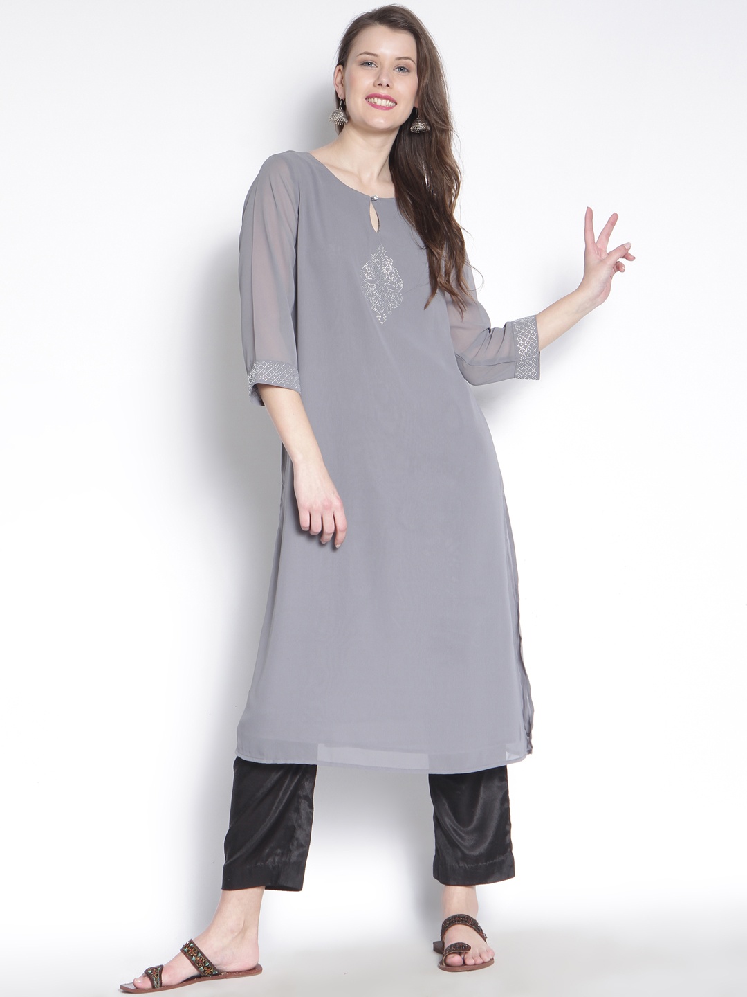 

RARE ROOTS Women Grey Solid Straight Embellished Kurta