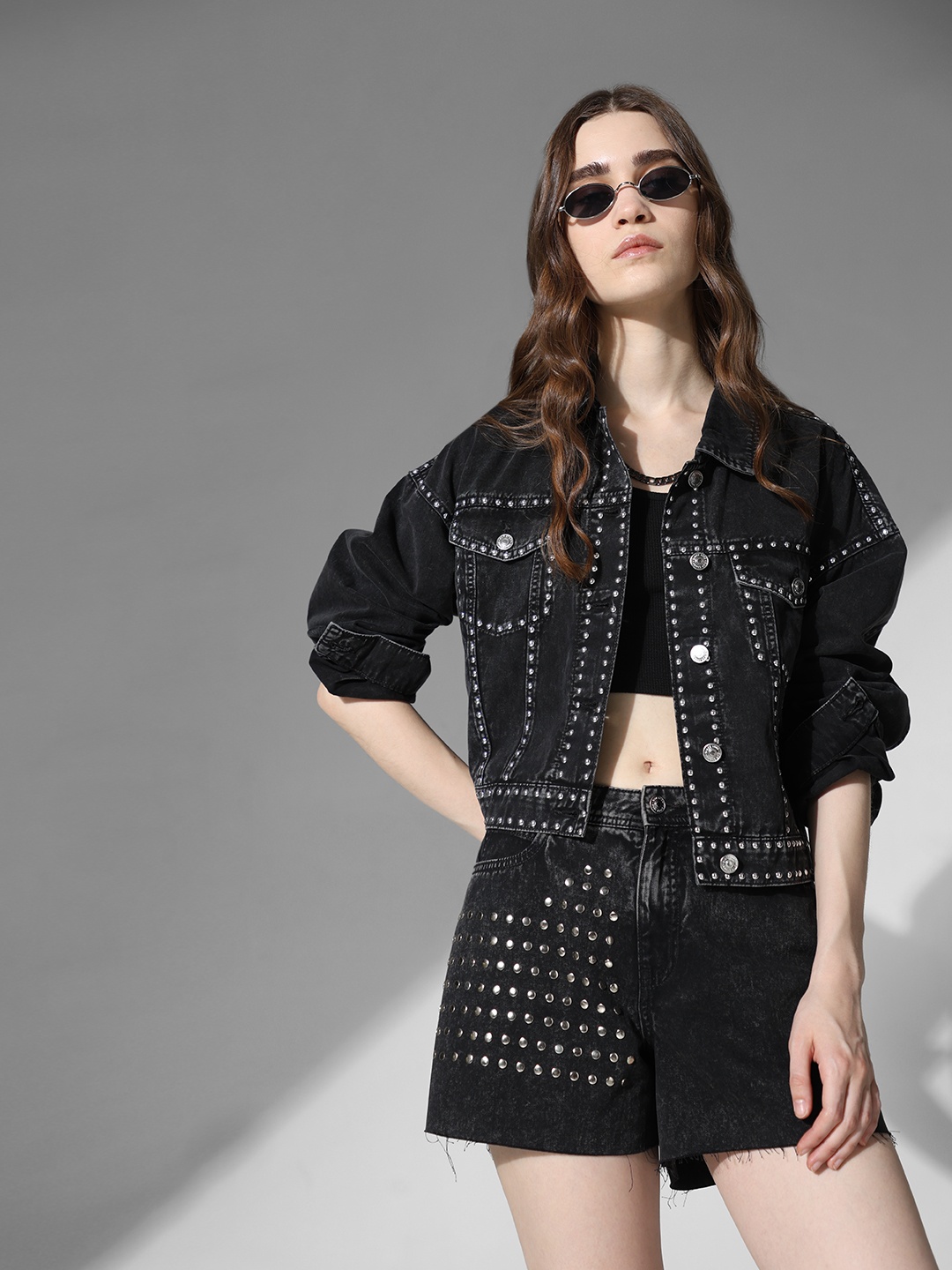

ONLY Spread Collar Studded Pure Cotton Denim Jacket, Black