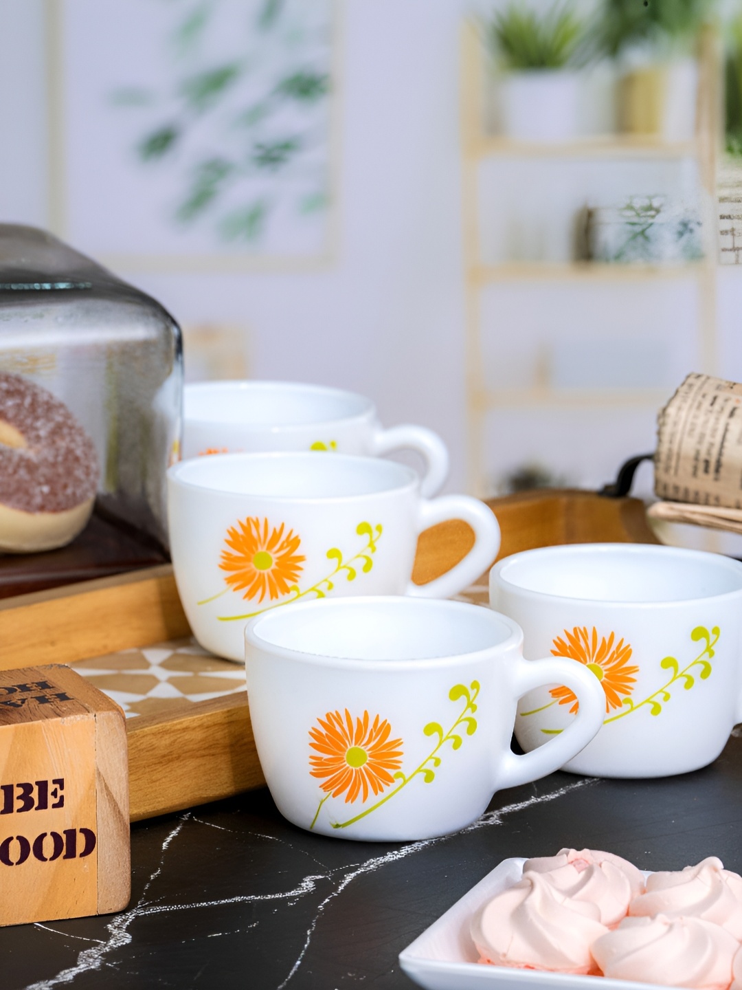 

Cello White & Orange 6 pieces Floral Printed Glossy Cups 130 ml