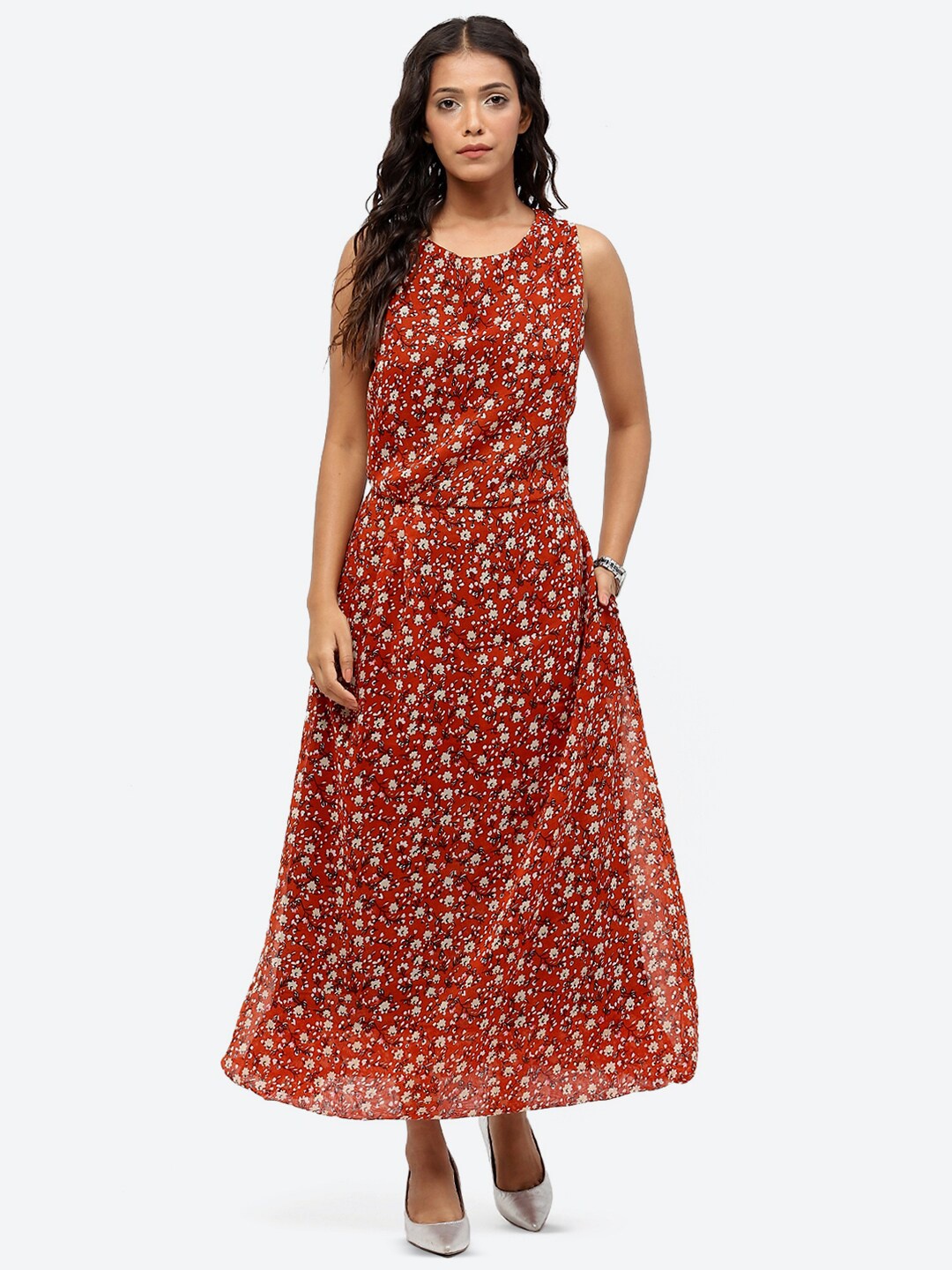 

Baawri Floral Printed Flared Fit & Flare Maxi Dress, Rust