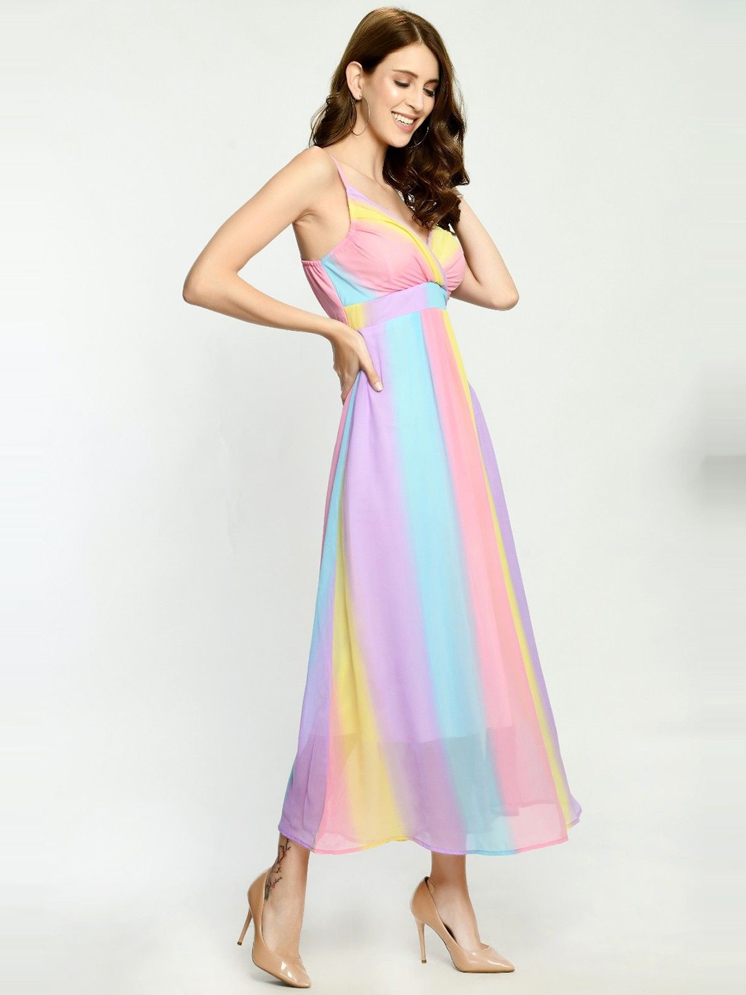 

Fashionhub Striped Shoulder Straps Layered Maxi Dress, Pink