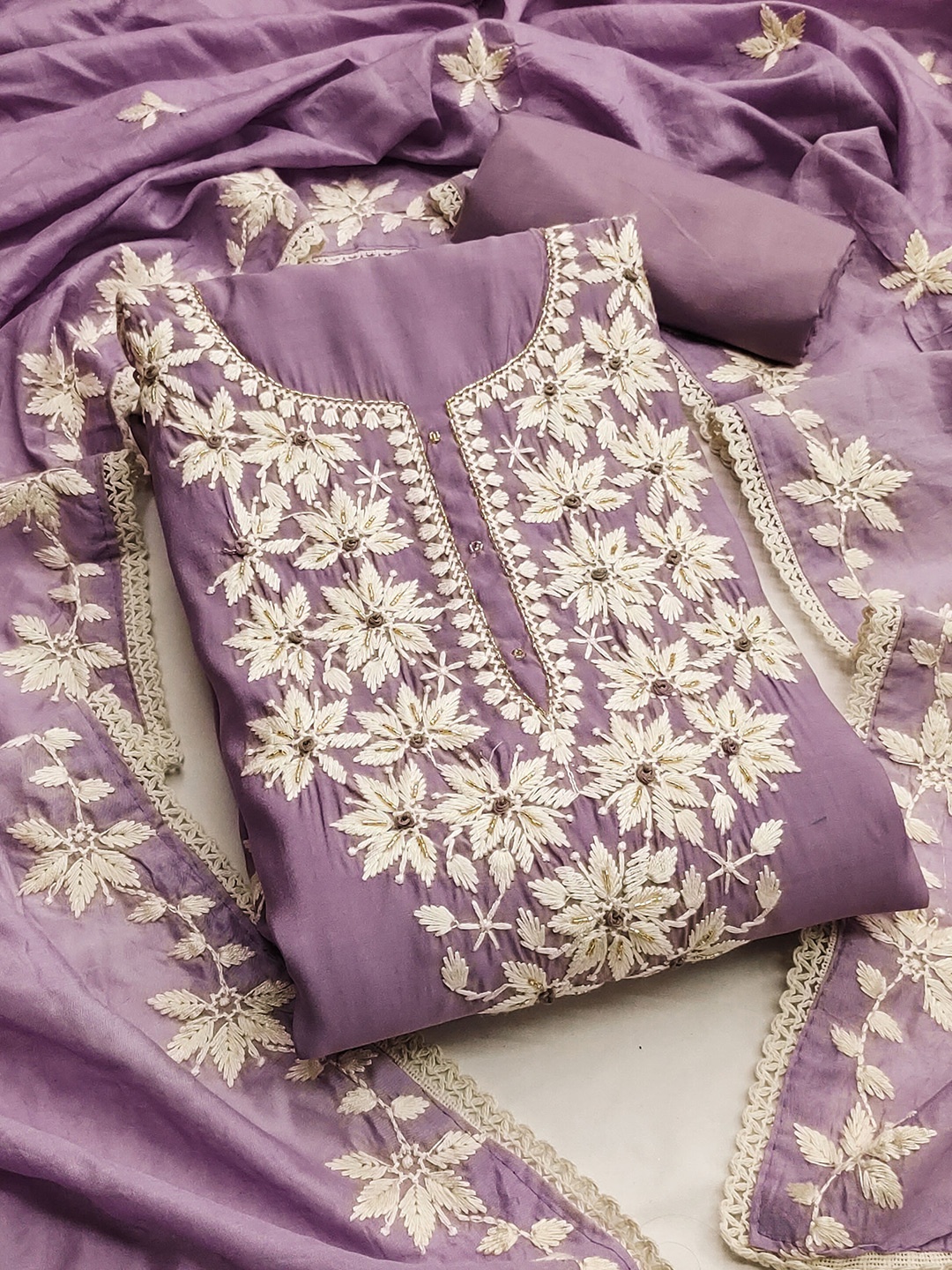 

Ishin Embroidered Pure Silk Unstitched Dress Material, Lavender