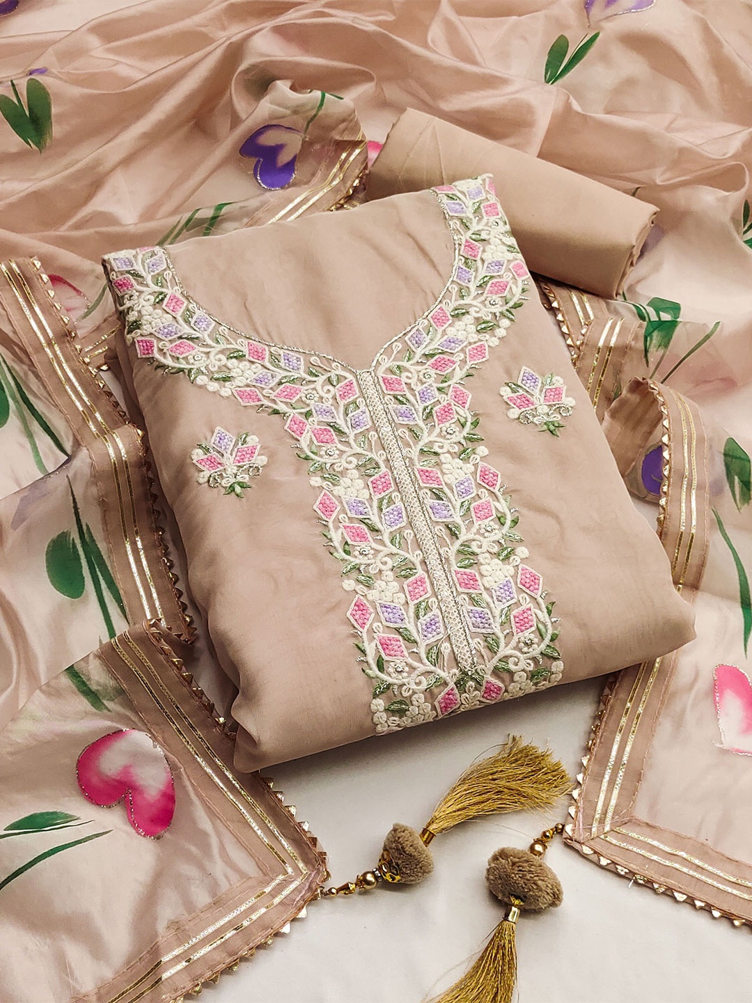 

Ishin Embroidered Organza Unstitched Dress Material, Peach