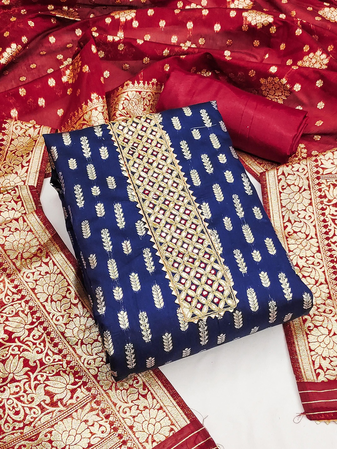 

Ishin Woven Design Unstitched Dress Material, Navy blue