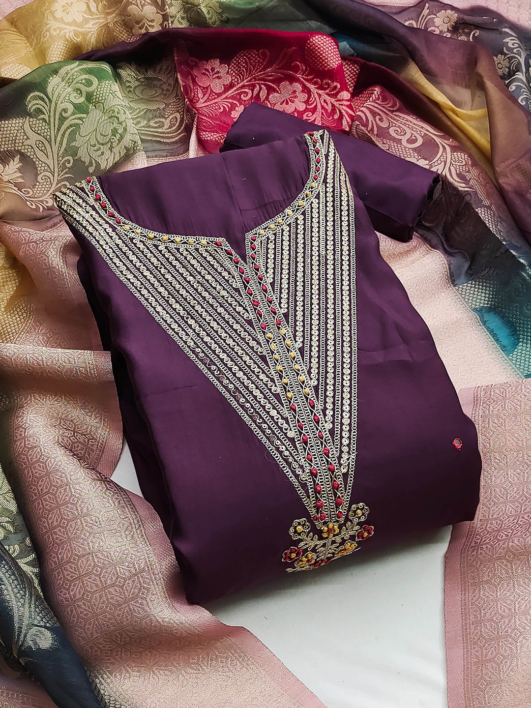 

Ishin Ethnic Motifs Embroidered Pure Silk Unstitched Dress Material, Purple