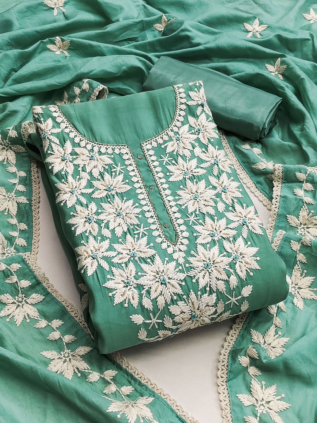 

Ishin Embroidered Pure Silk Unstitched Dress Material, Sea green