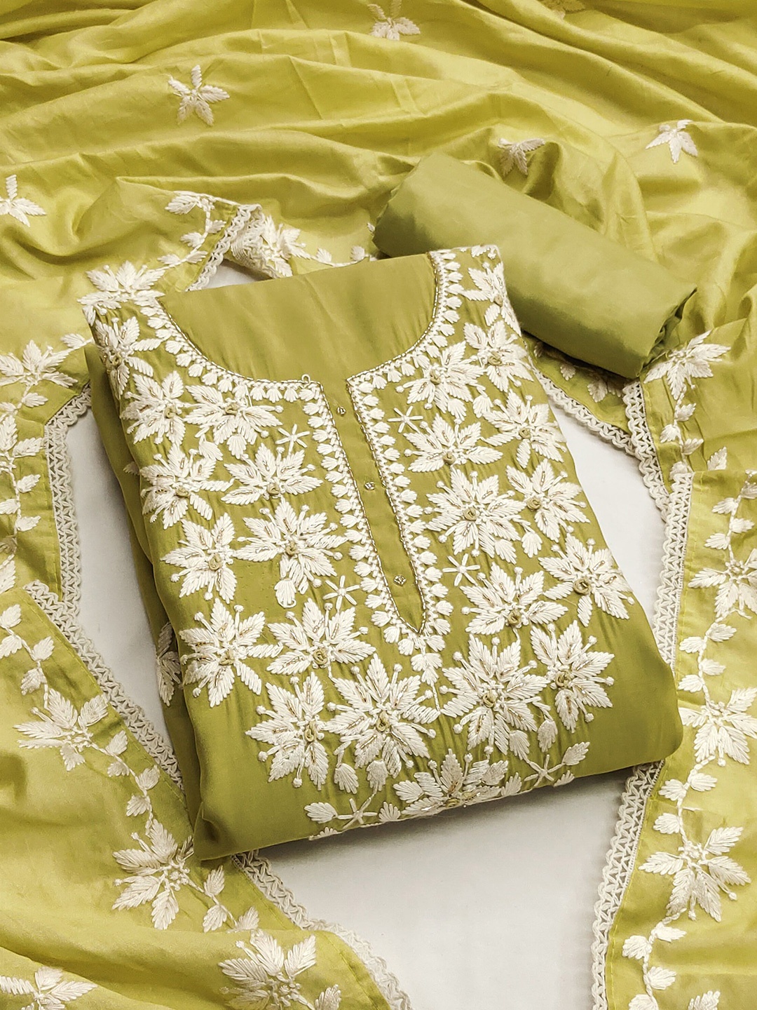 

Ishin Embroidered Pure Silk Unstitched Dress Material, Lime green
