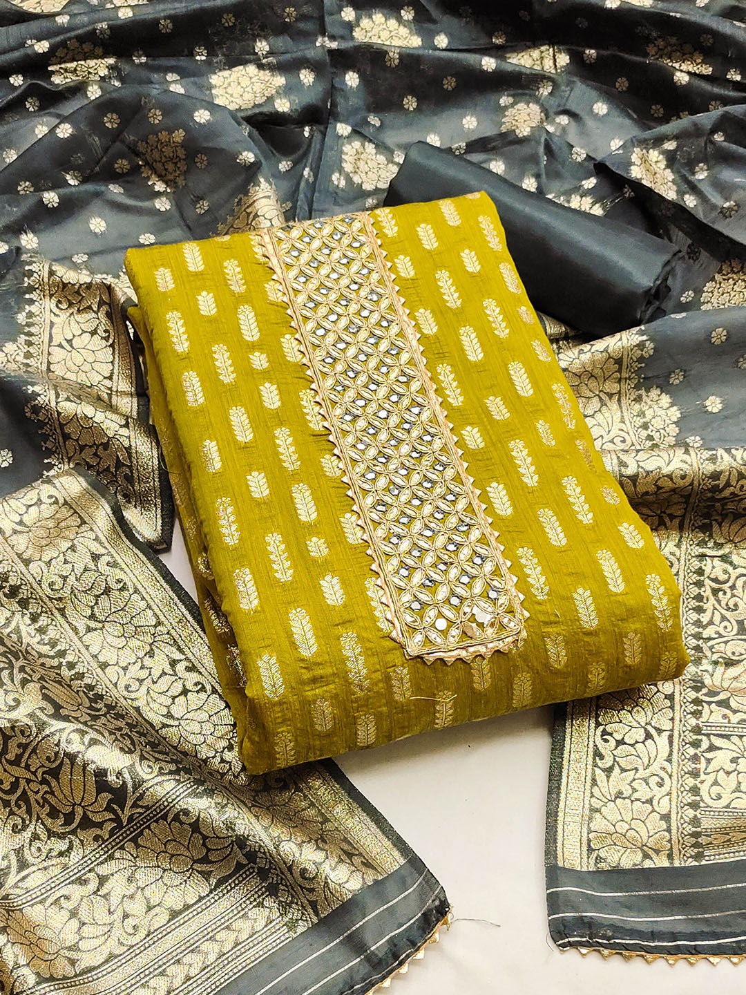 

Ishin Woven Design Unstitched Dress Material, Lime green