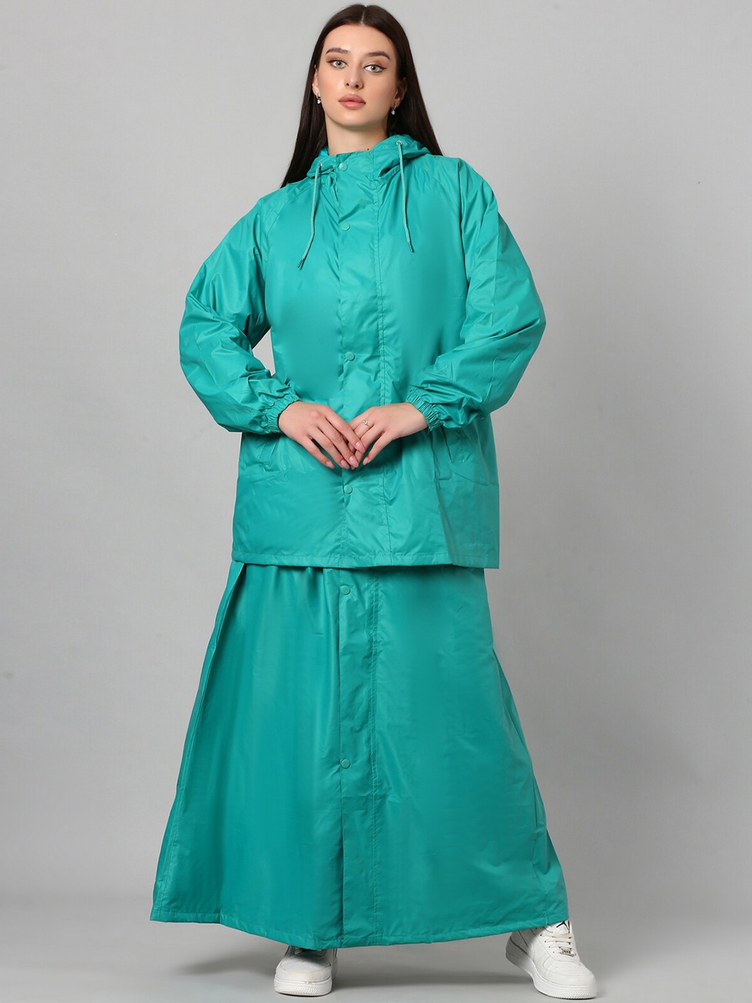 

Super Women Attached Hood Rain Suit, Sea green
