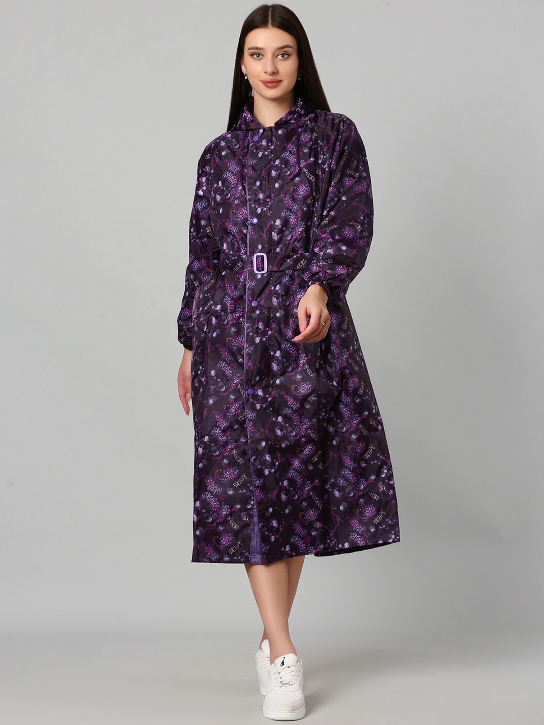 

Super Women Printed Attached Hood Rain Coat, Purple