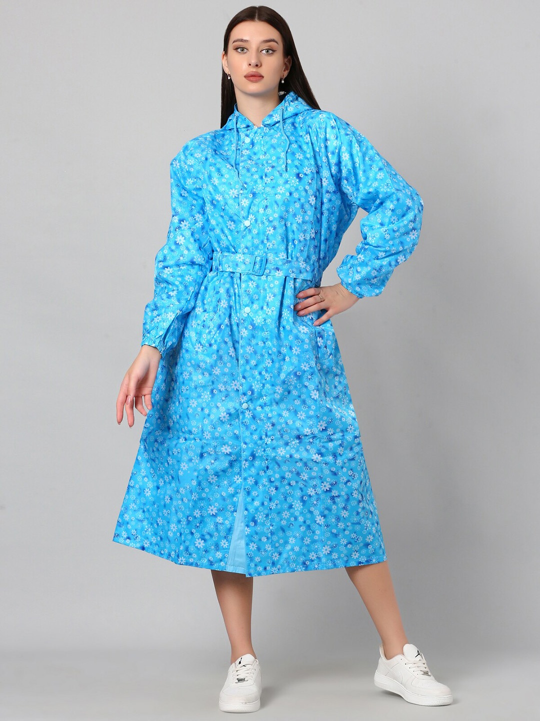 

Super Women Floral Printed Attached Hood Rain Coat, Blue