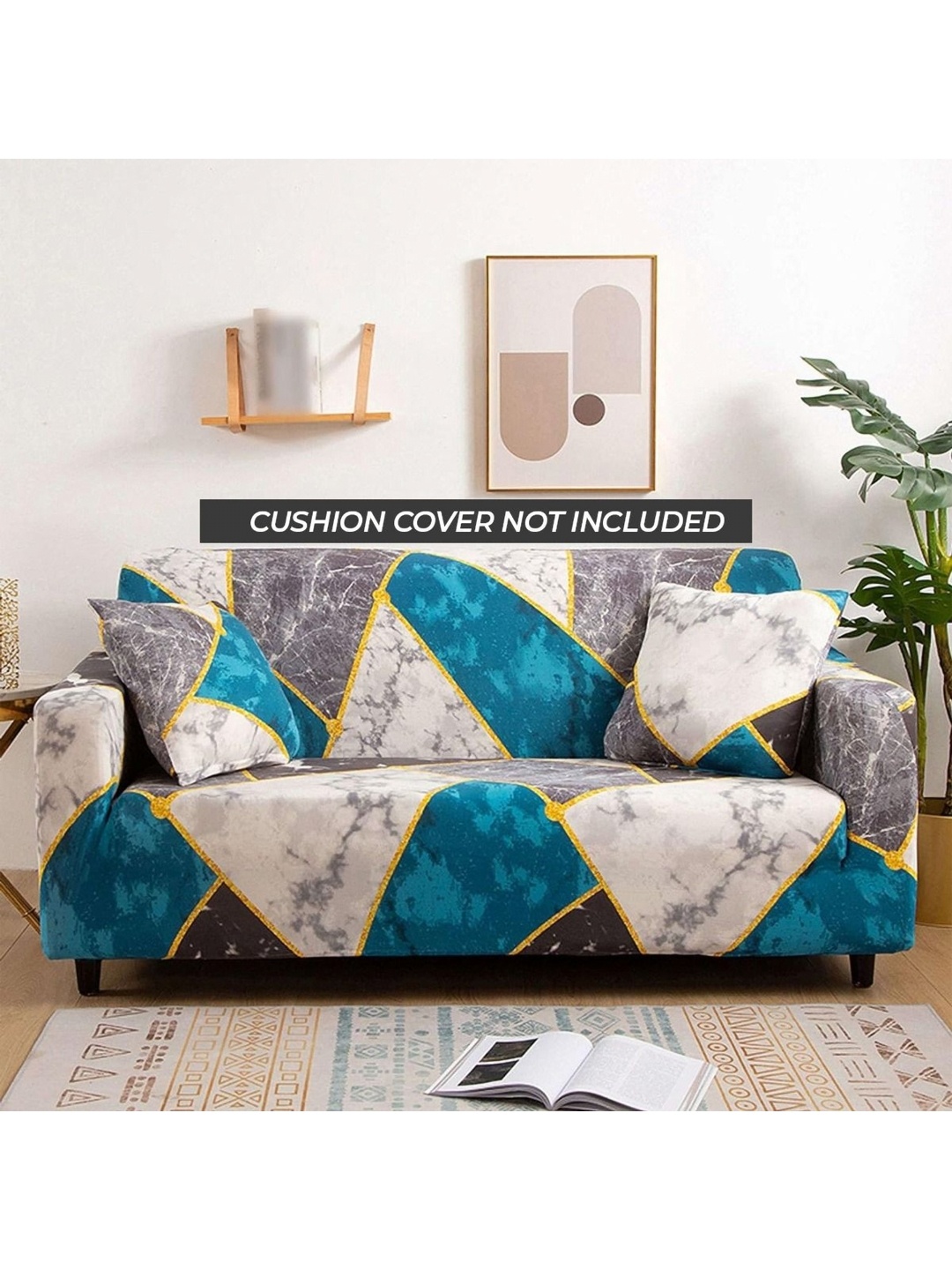 

B BESTILO Teal Green & Grey Printed Single Seater Sofa Cover With Arms