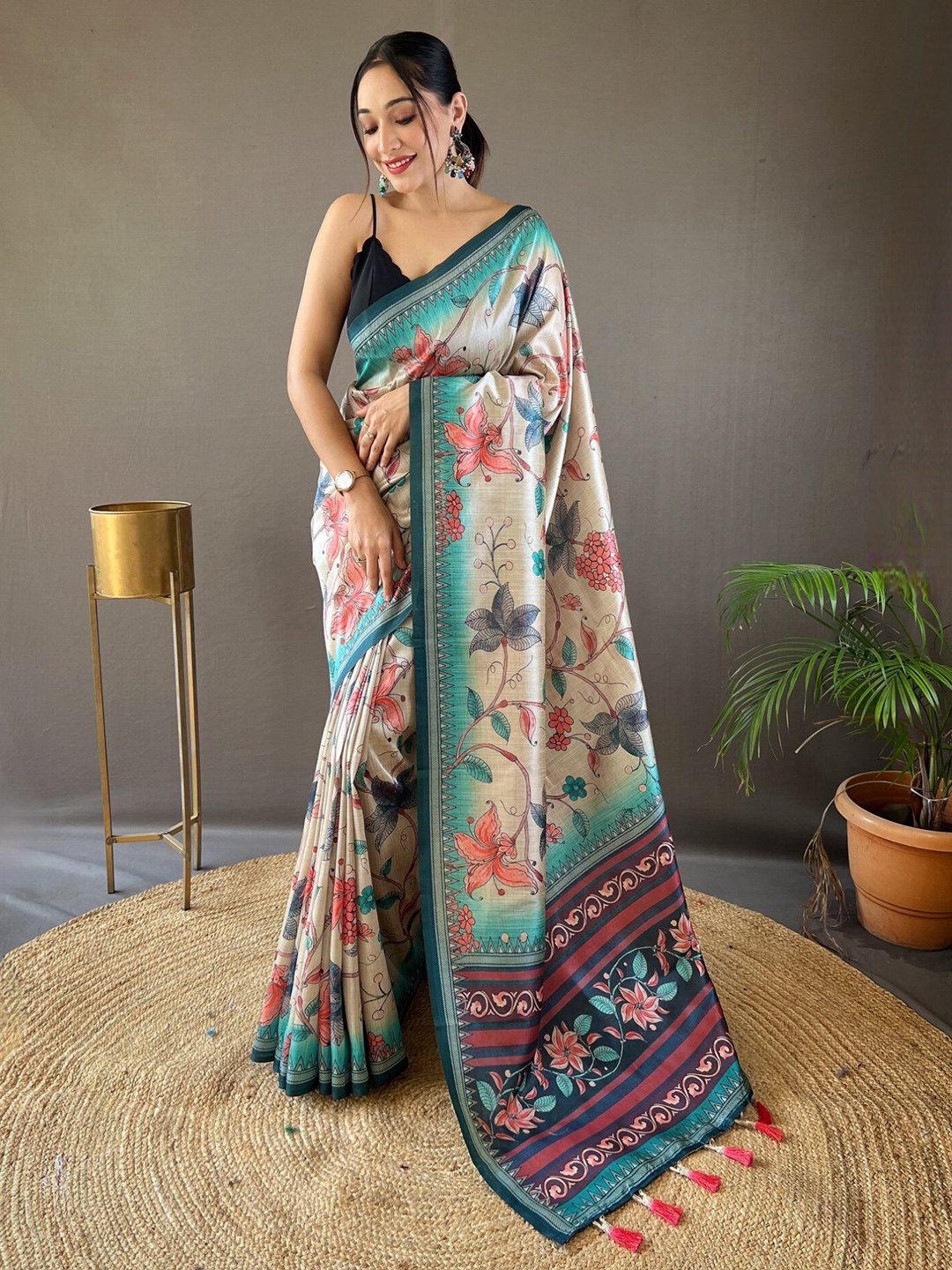 

LeeliPeeri Digital Printed Ethnic Motifs Kalamkari Silk Chanderi Saree, Teal