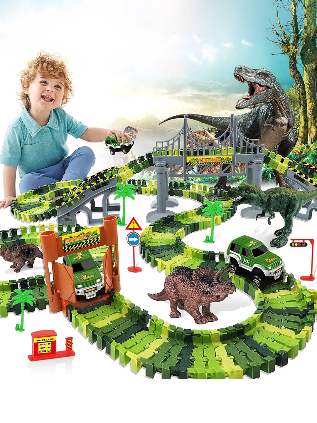 

Kidology Dinosaur Race Car Track Toys for Toddlers- 142 Pcs, Green