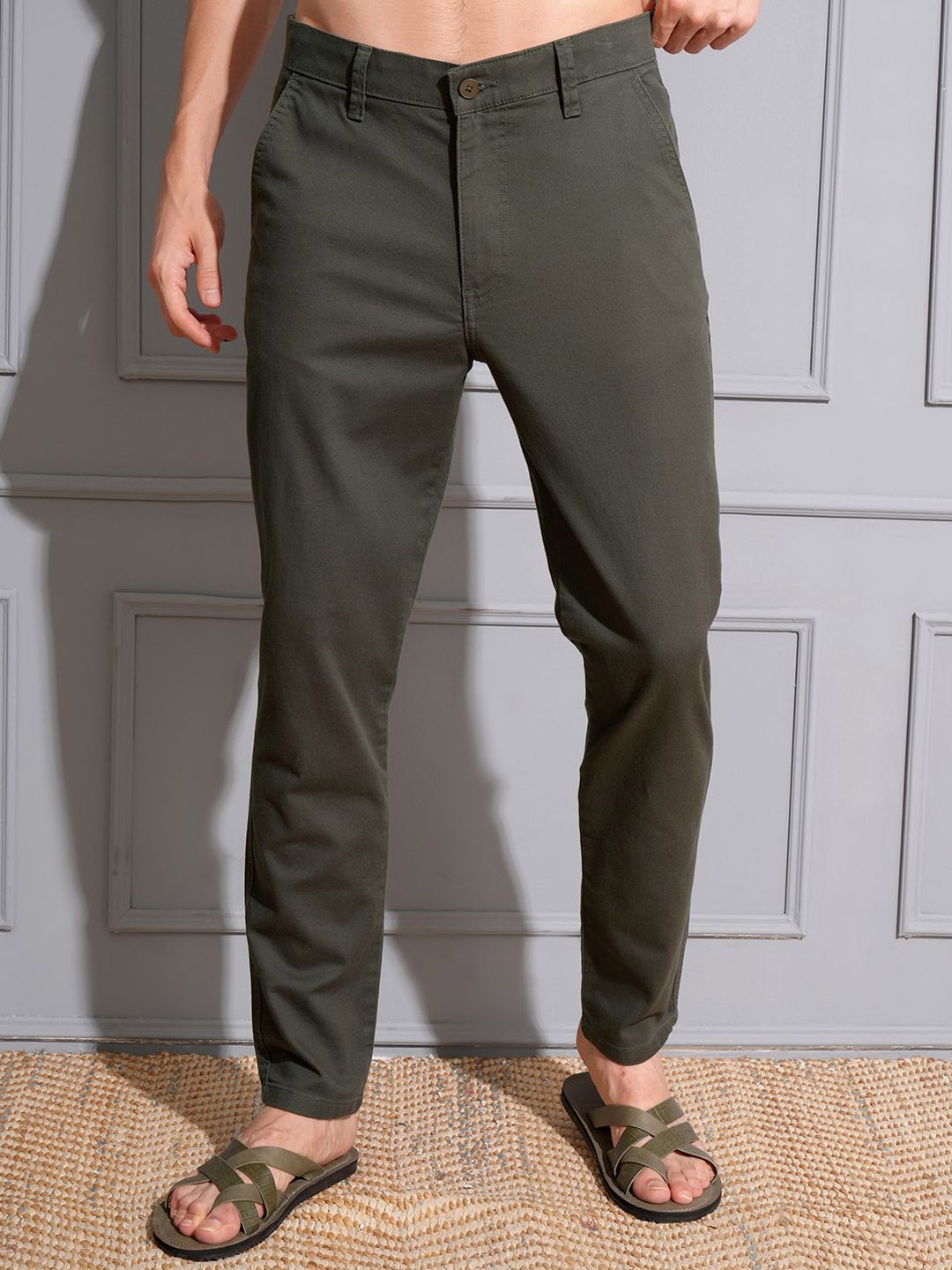 

LOCOMOTIVE Premium Men Mid-Rise Plain Cotton Chinos Trousers, Olive