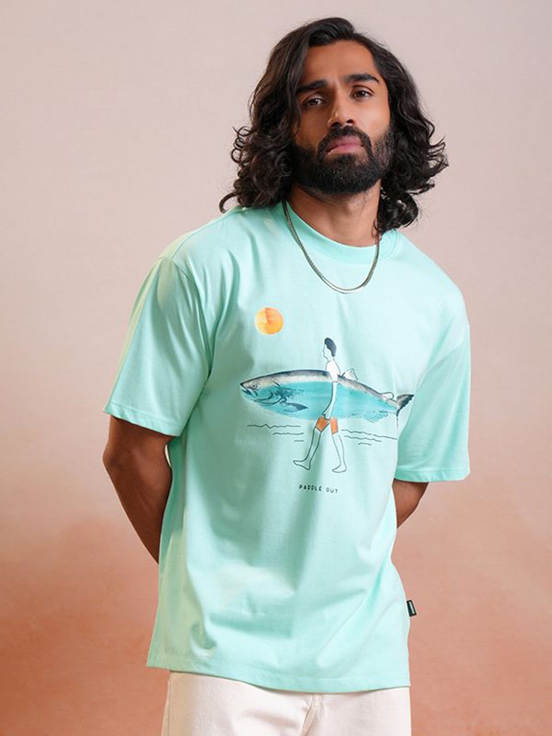 

LOCOMOTIVE Premium Printed Half Sleeve Relaxed Drop Shoulder T-Shirt, Sea green
