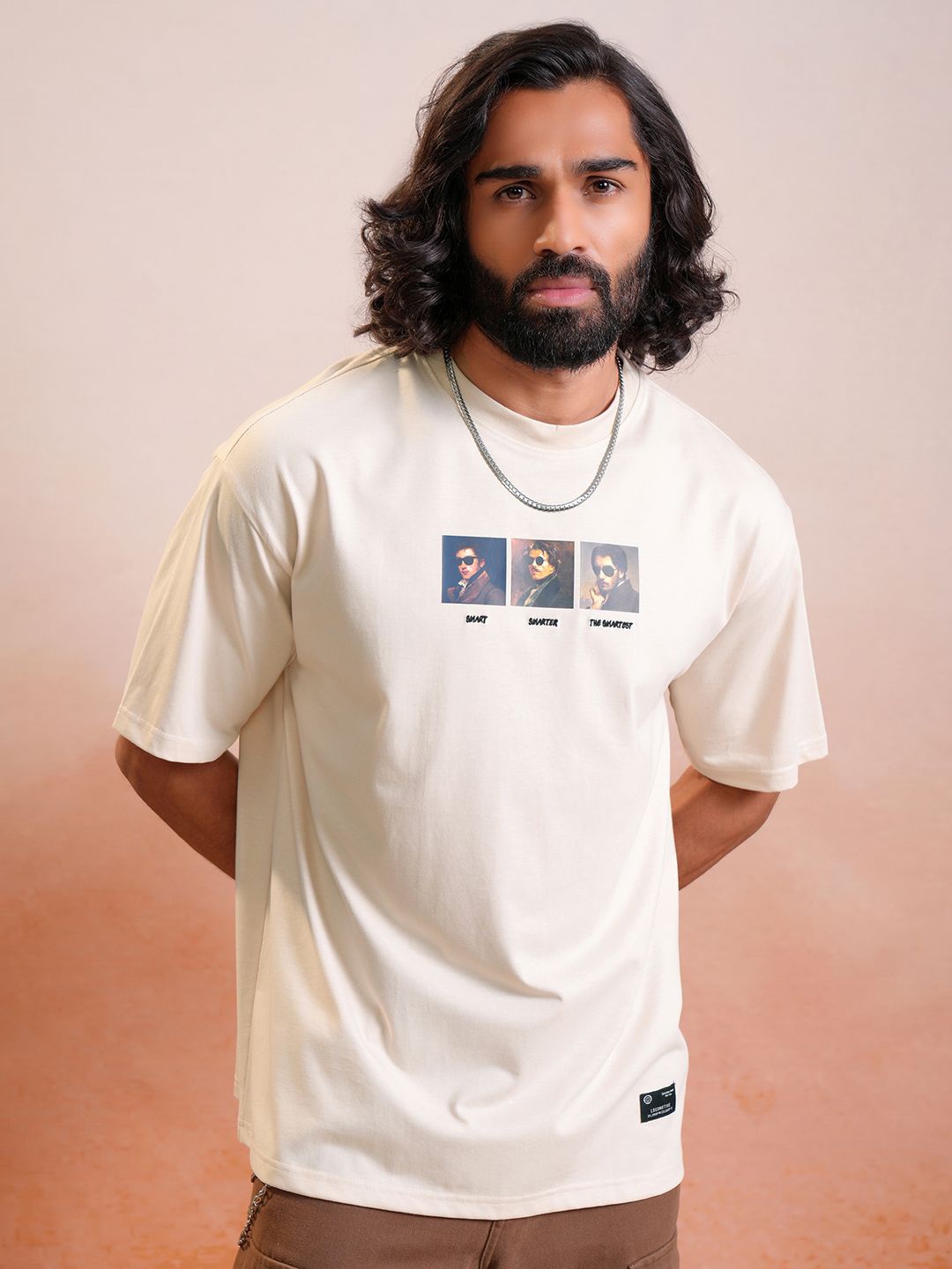 

LOCOMOTIVE Premium Printed Half Sleeve Relaxed Drop Shoulder T-Shirt, Cream