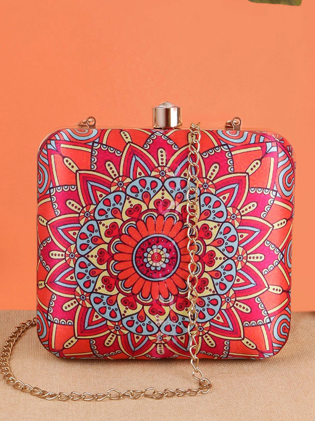 

DressBerry Red Printed Box Clutch
