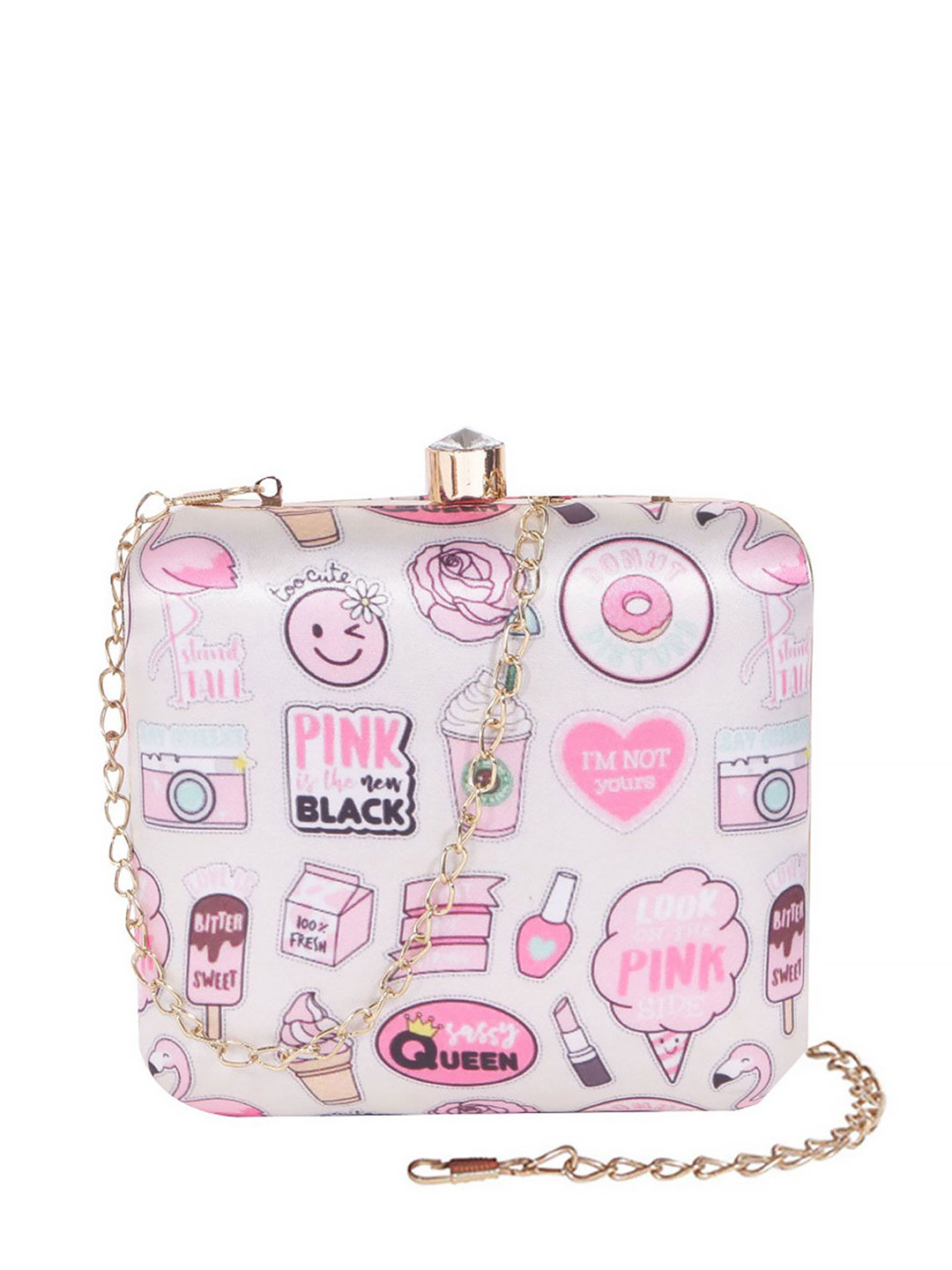 

DressBerry Peach Coloured Printed Box Clutch