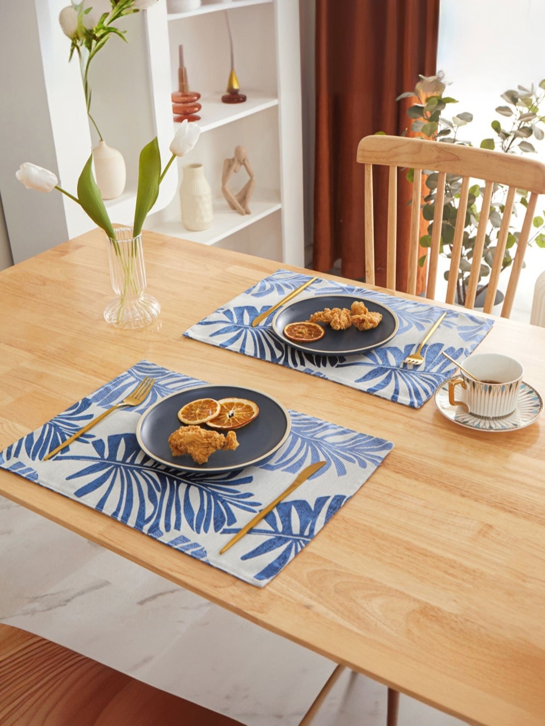 

UMAI Blue & White 6 Pieces Floral Printed Rectangle Jacquard Table Placemats