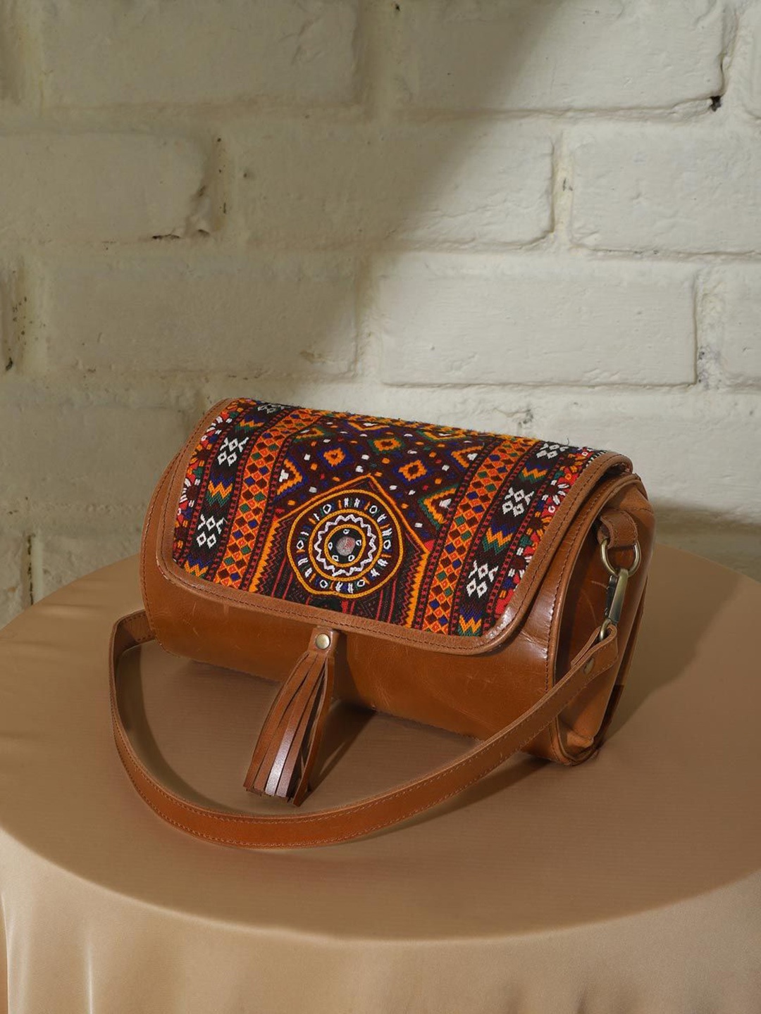

Fabindia Ethnic Motifs Printed Leather Structured Sling Bag, Brown