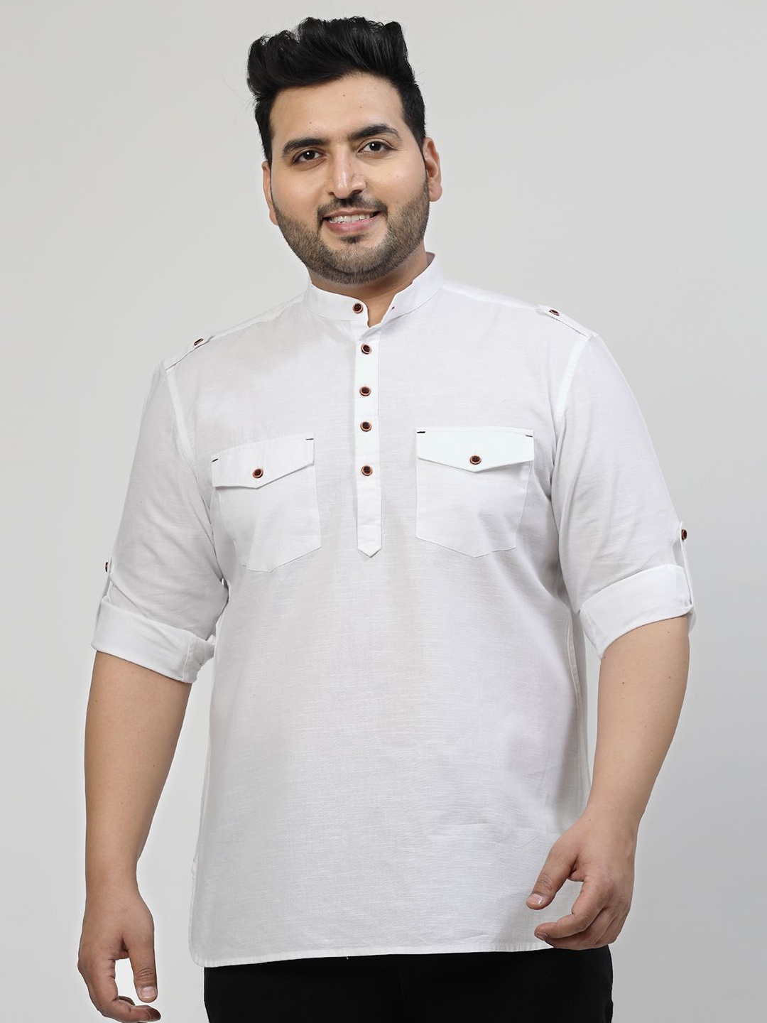 

plusS Mandarin Collar Roll Up Sleeves Pure Cotton Casual Shirt, White