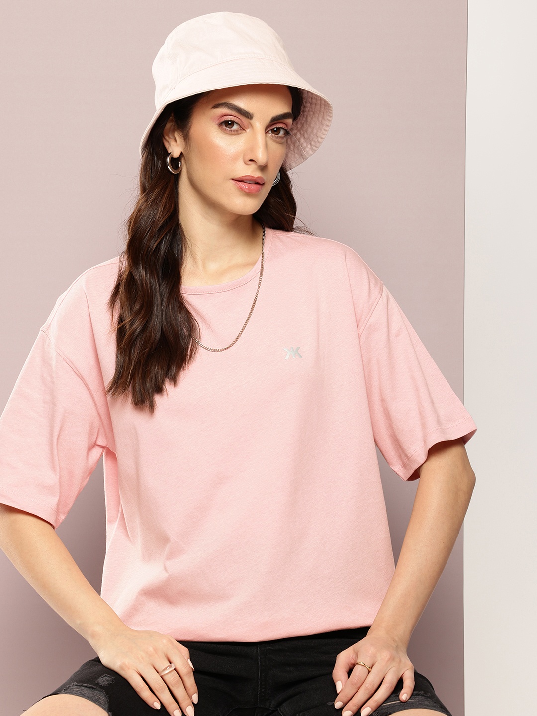 

Kook N Keech Drop-Shoulder Sleeves Oversized Pure Cotton T-shirt, Pink