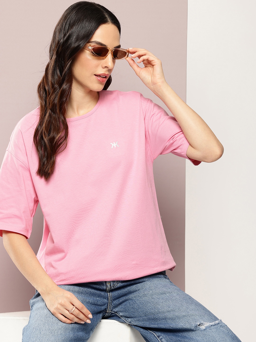 

Kook N Keech Drop-Shoulder Sleeves Oversized Pure Cotton T-shirt, Rose