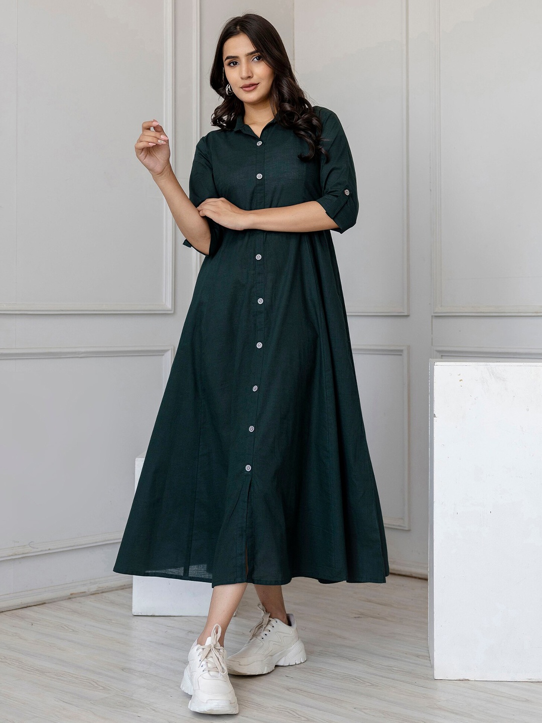 

Nayo Cotton Midi Shirt Dress, Green