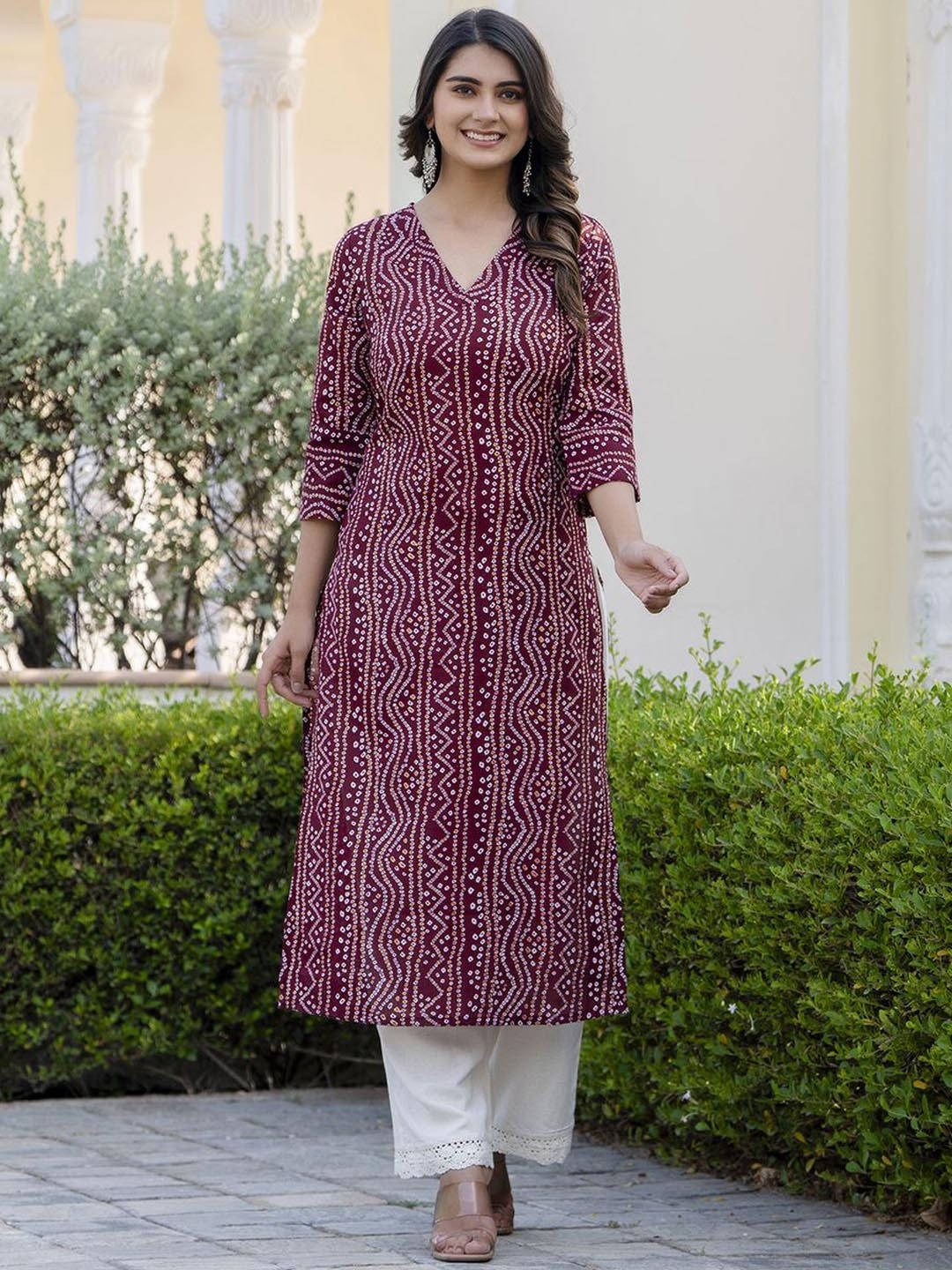 

Nayo Bandhani Printed V-Neck Cotton Straight Kurta, Maroon