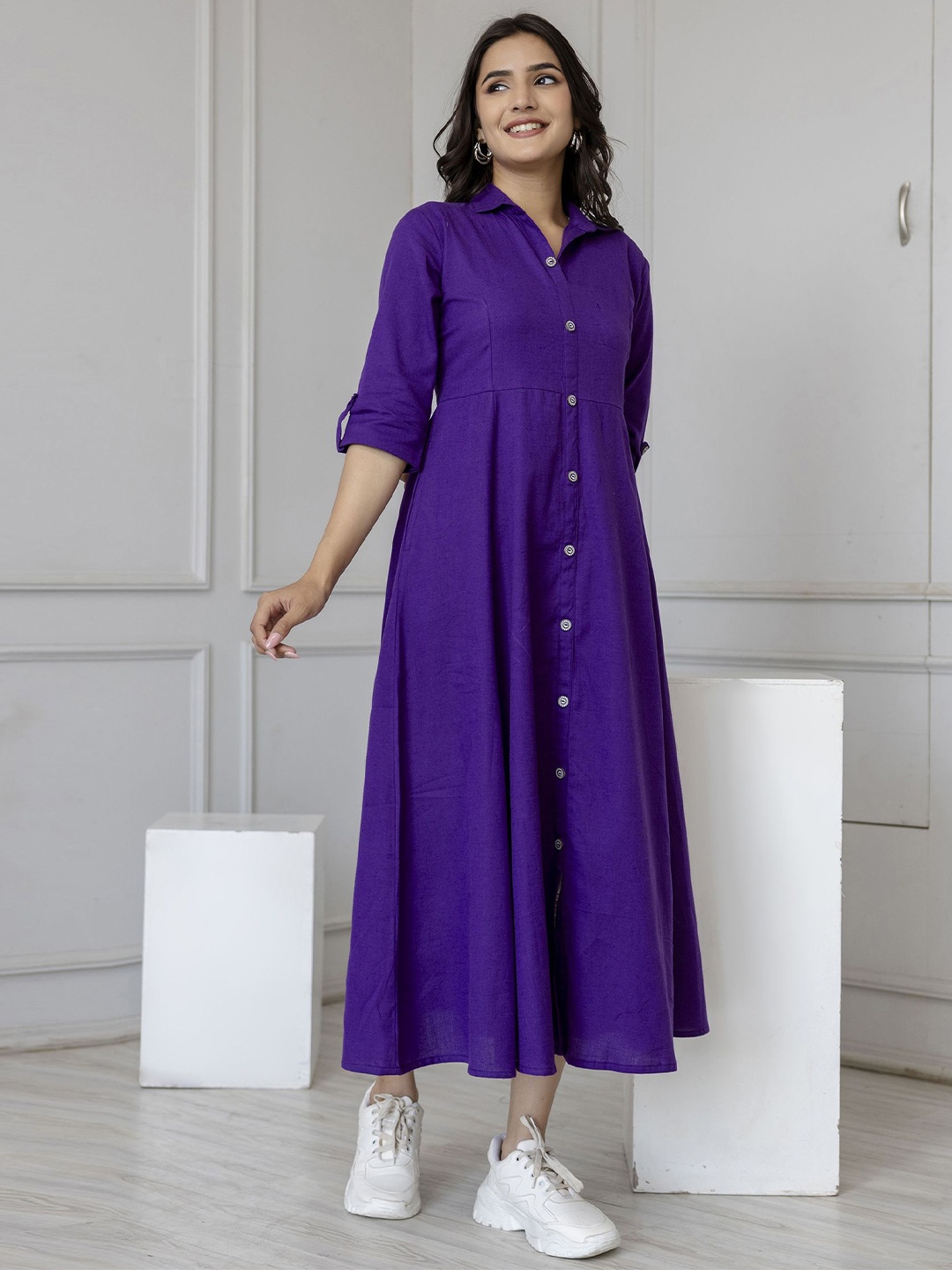 

Nayo Shirt Collar Cotton Midi Dress, Purple