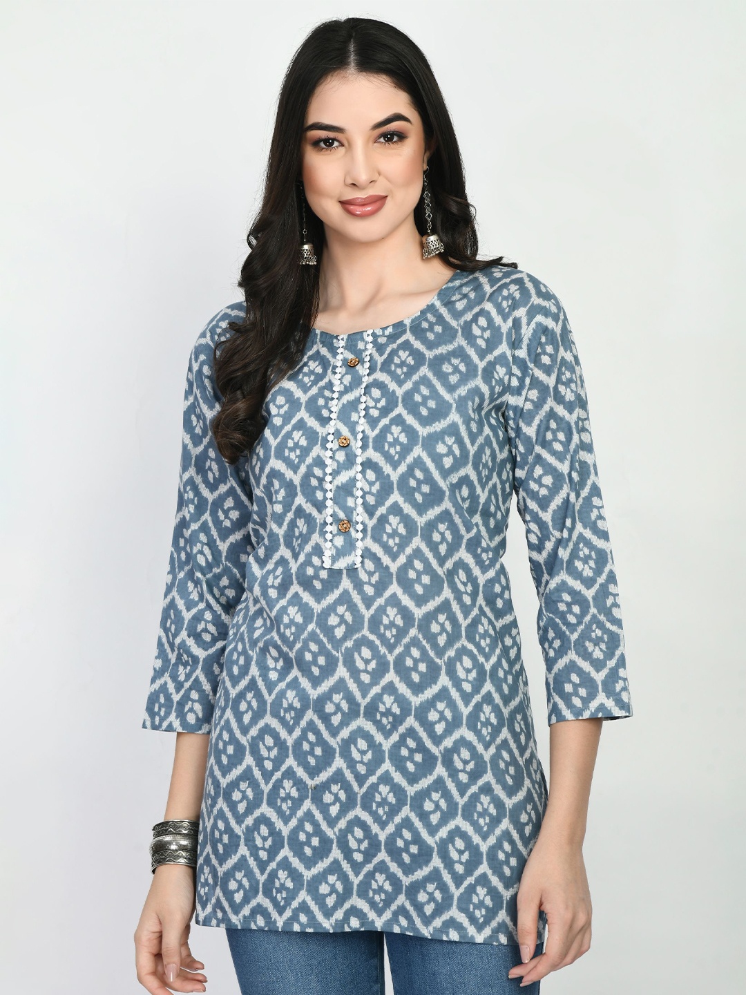 

AnjuShree Choice Geometric Printed Lace Inserts Cotton Tunic, Grey