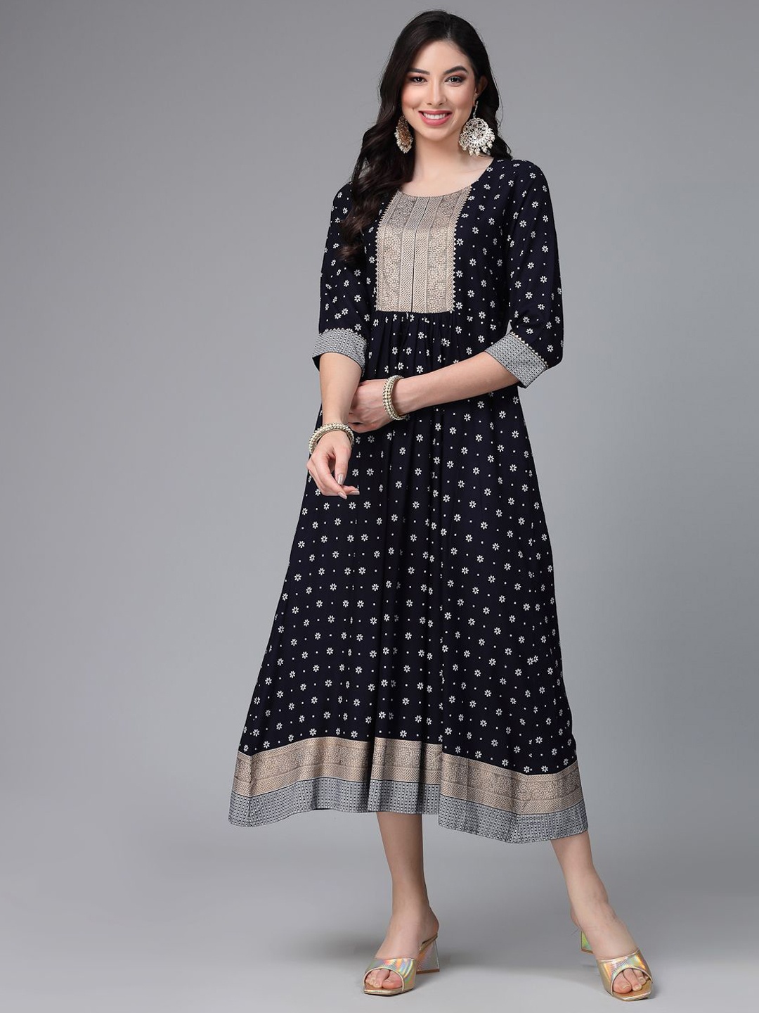 

Stylum Printed Flared Ethnic Dresses, Navy blue