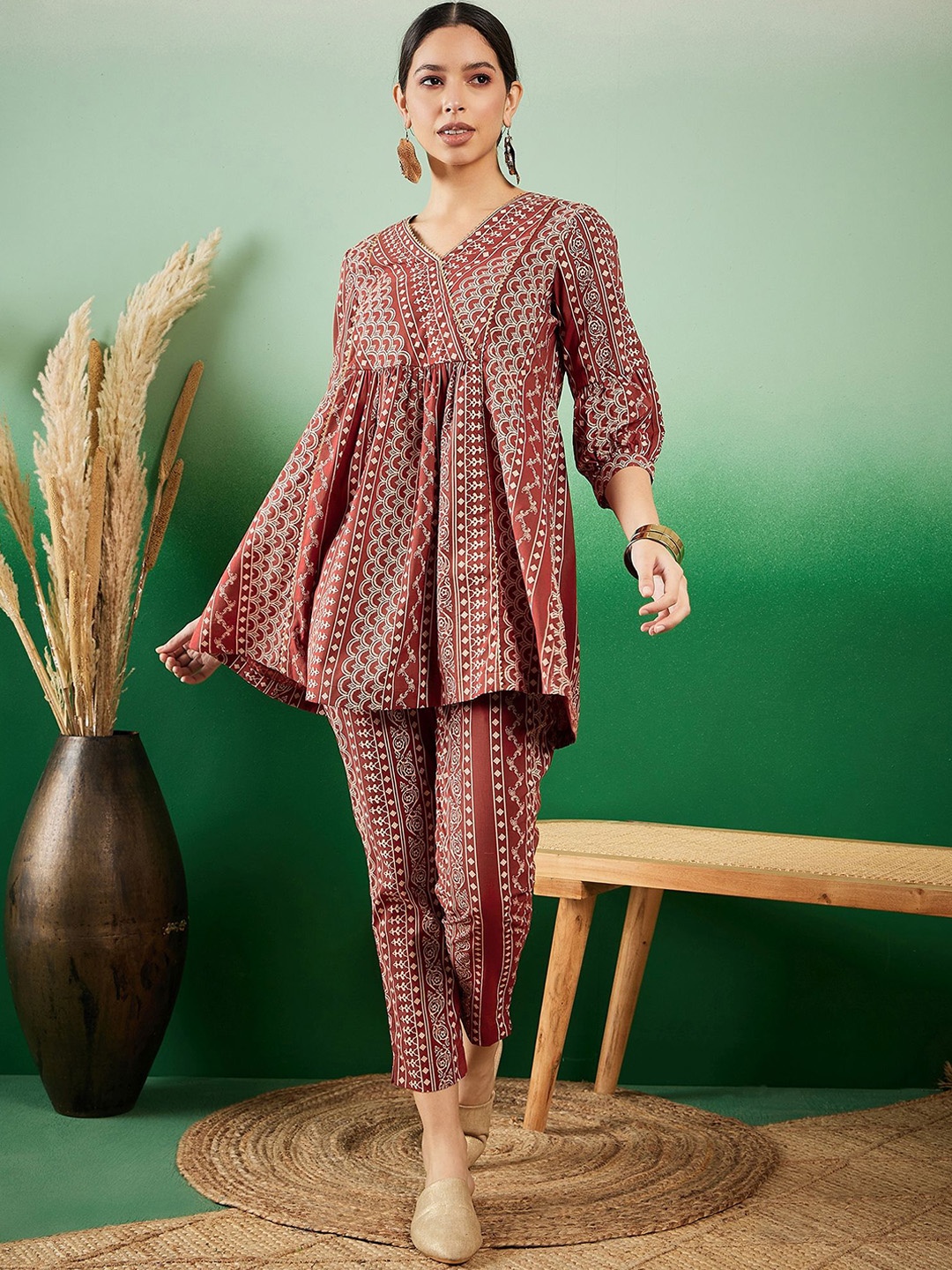 

Sangria Rust Ethnic Motifs Printed V-Neck Pure Cotton A-Line Kurta With Trousers