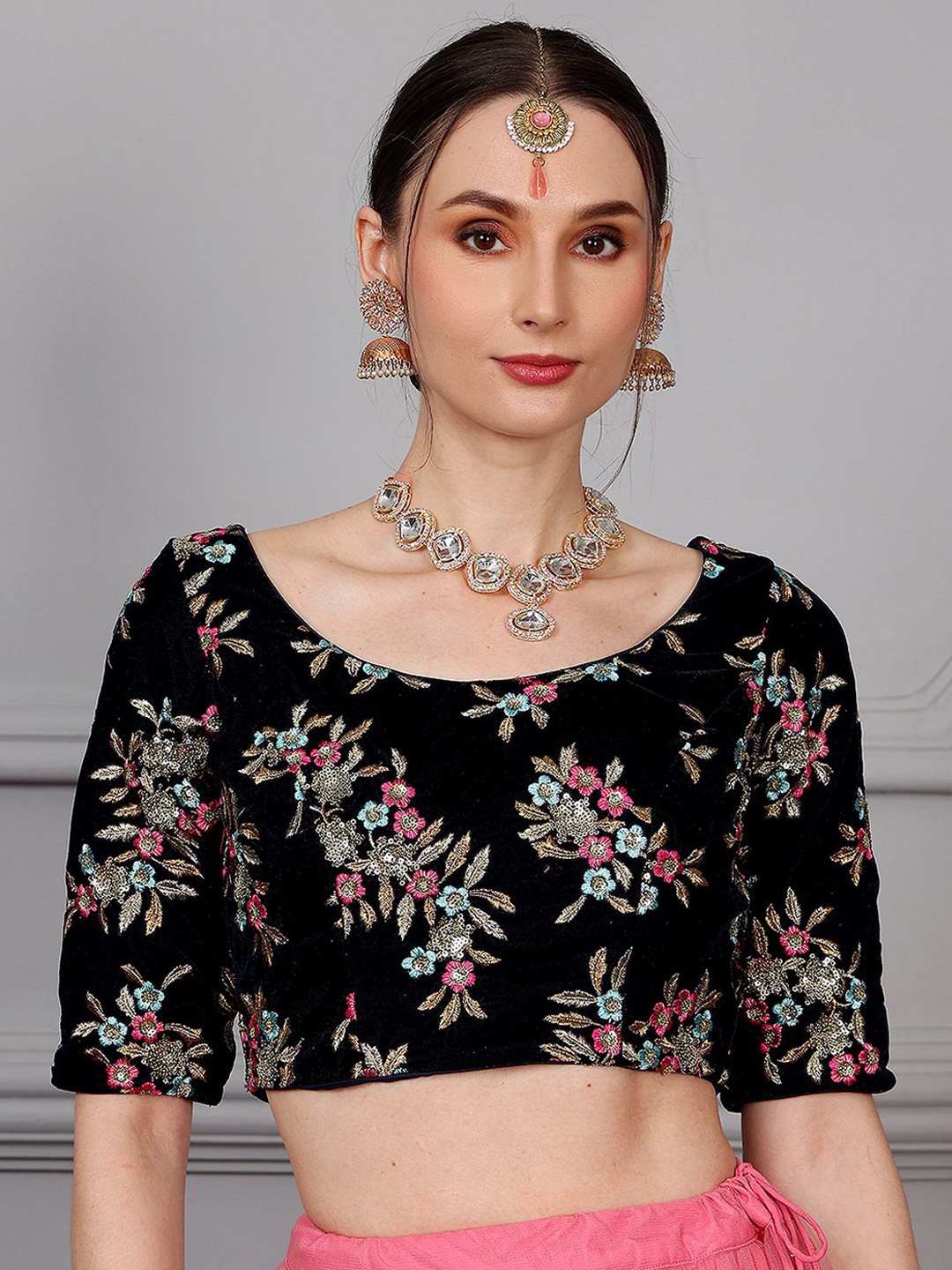 

Ethnovog Embroidered Velvet Saree Blouse, Navy blue