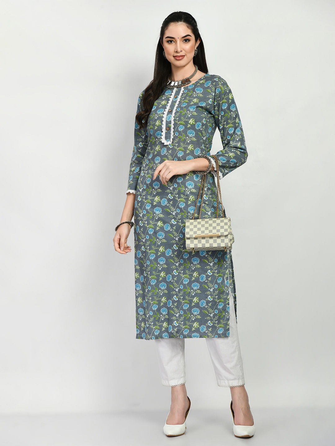 

AnjuShree Choice Floral Printed Pure Cotton Straight Kurta, Grey