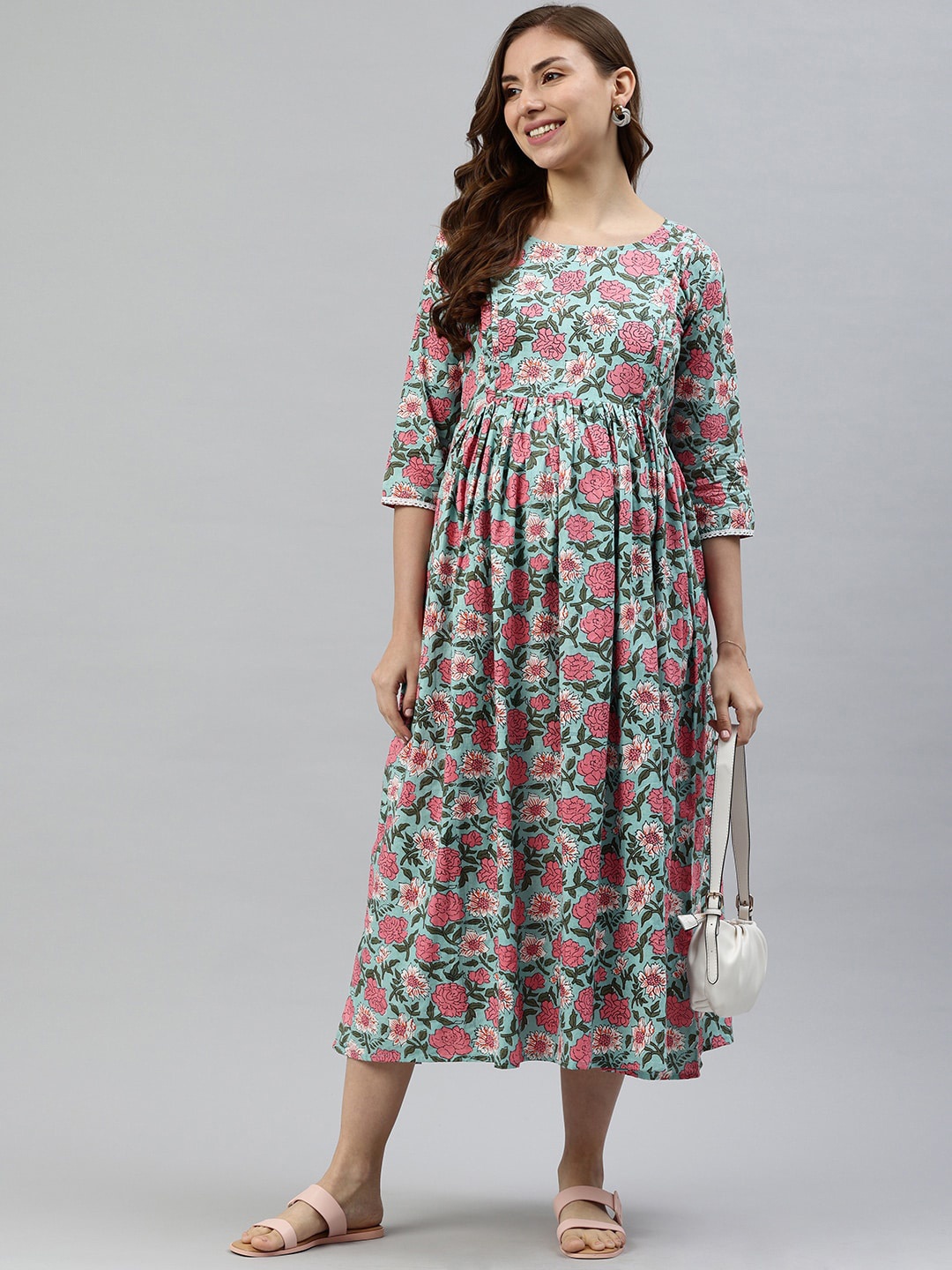 

Swishchick Floral Printed Gathered Cotton Maternity A-Line Midi Dress, Blue