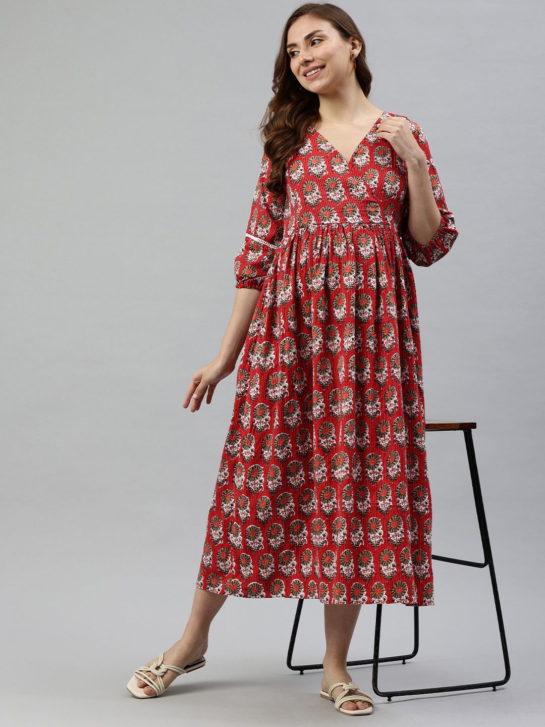 

Swishchick Women Ethnic Motifs Printed Cotton Maternity A-Line Midi Dress, Red