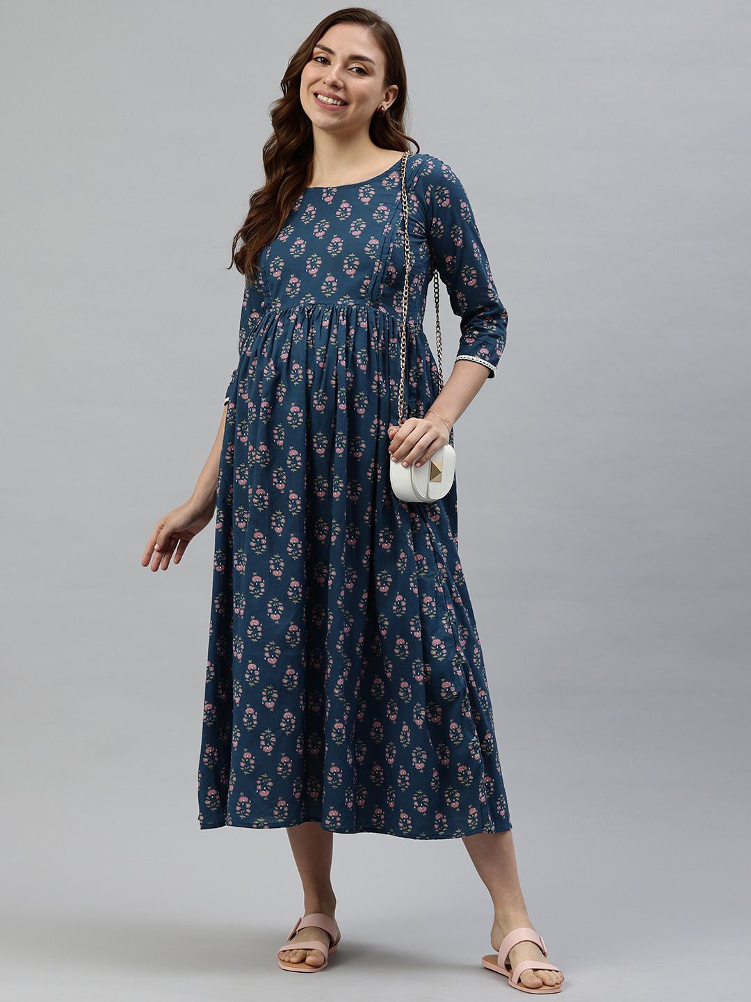 

Swishchick Round Neck Ethnic Motifs Print Maternity Empire Midi Dress, Navy blue