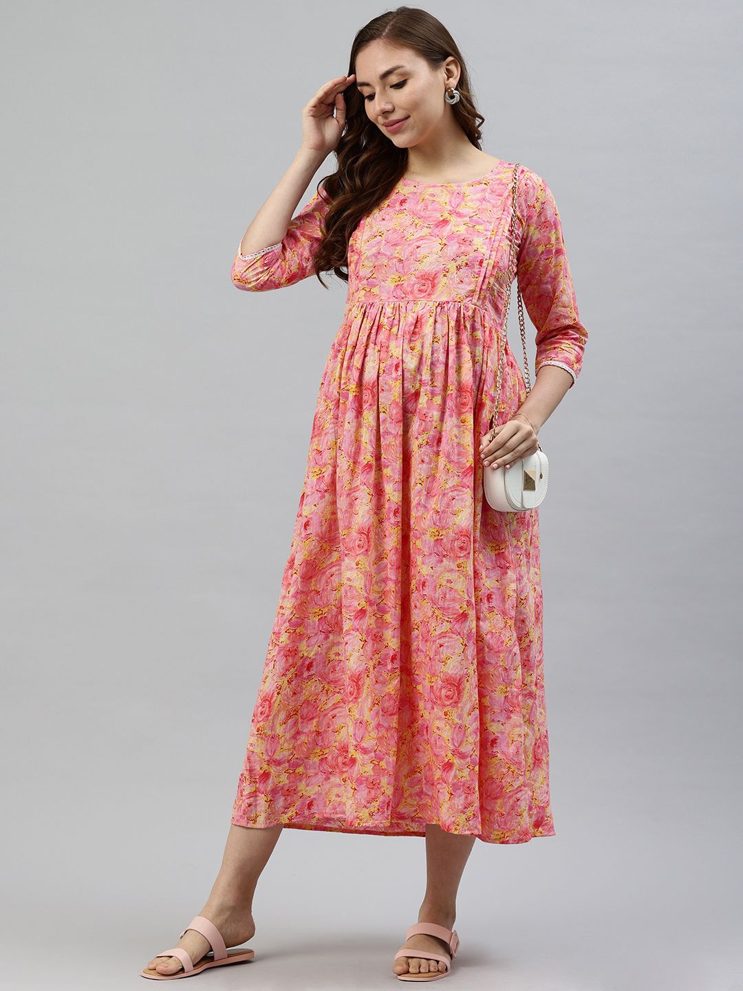

Swishchick Round Neck Floral Print Empire Maternity Midi Dress, Pink