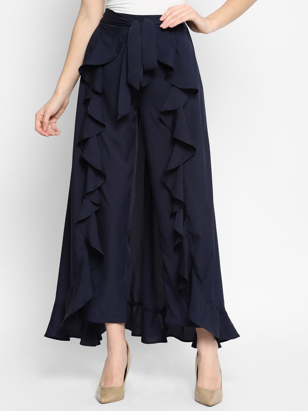 

HOUSE OF KKARMA Ruffled Flared Palazzos, Navy blue