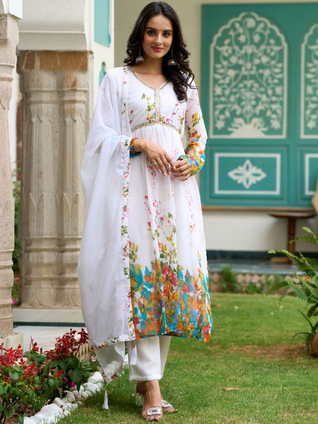 

THE52 Printed Sequinned Silk Georgette Anarkali Empire Kurta With Trousers & Dupatta, White