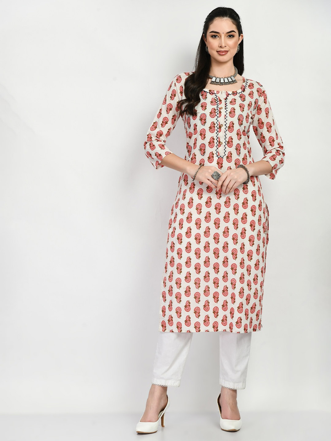 

AnjuShree Choice Floral Printed Cotton Straight Kurta, White