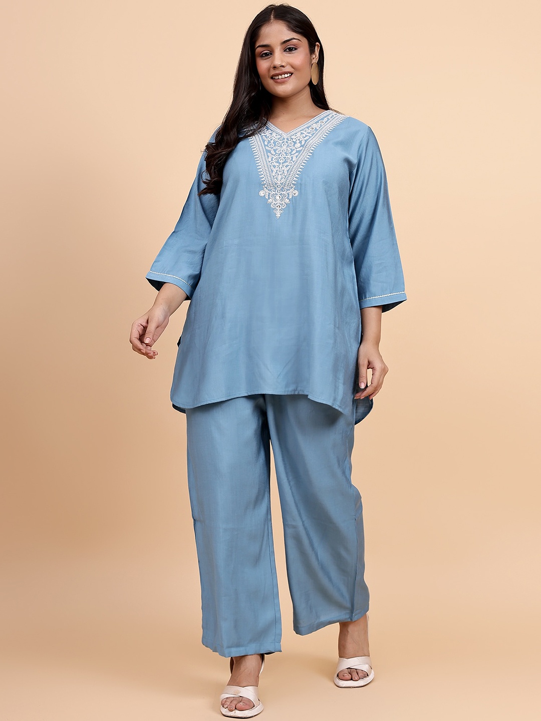 

Bani Women Plus Size Etnic Motifs Embroidered V-Neck Tunic With Trousers, Blue