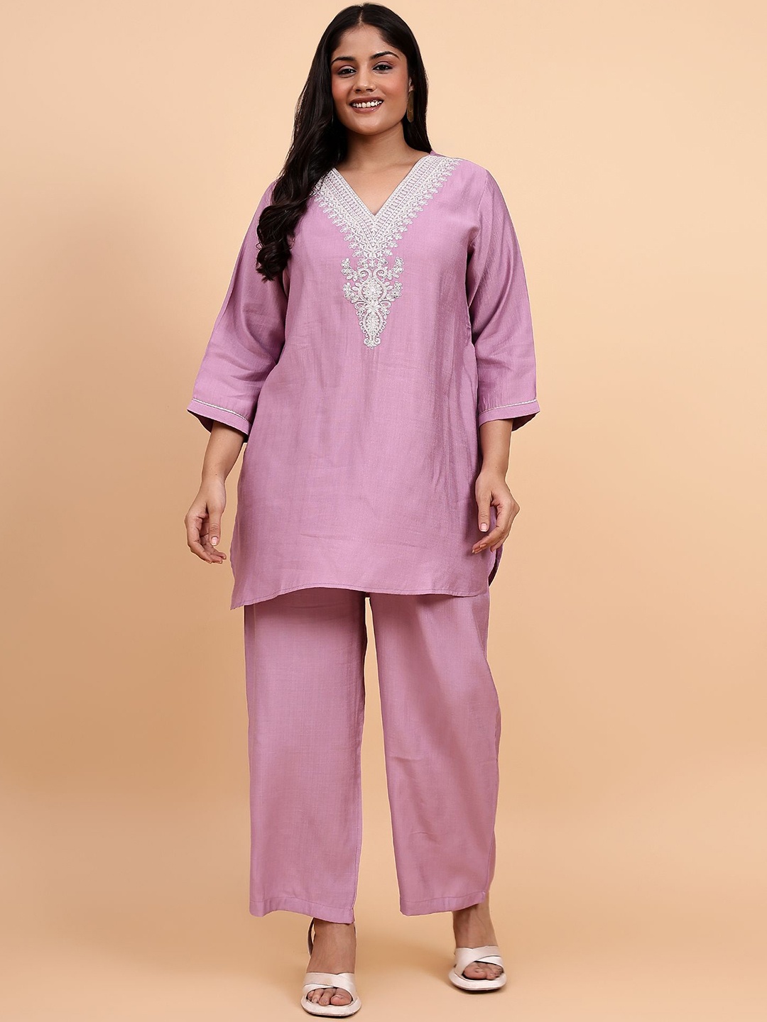 Bani Women Plus Size Embroidered V Neck Tunic With Trouser Co-Ords, Mauve