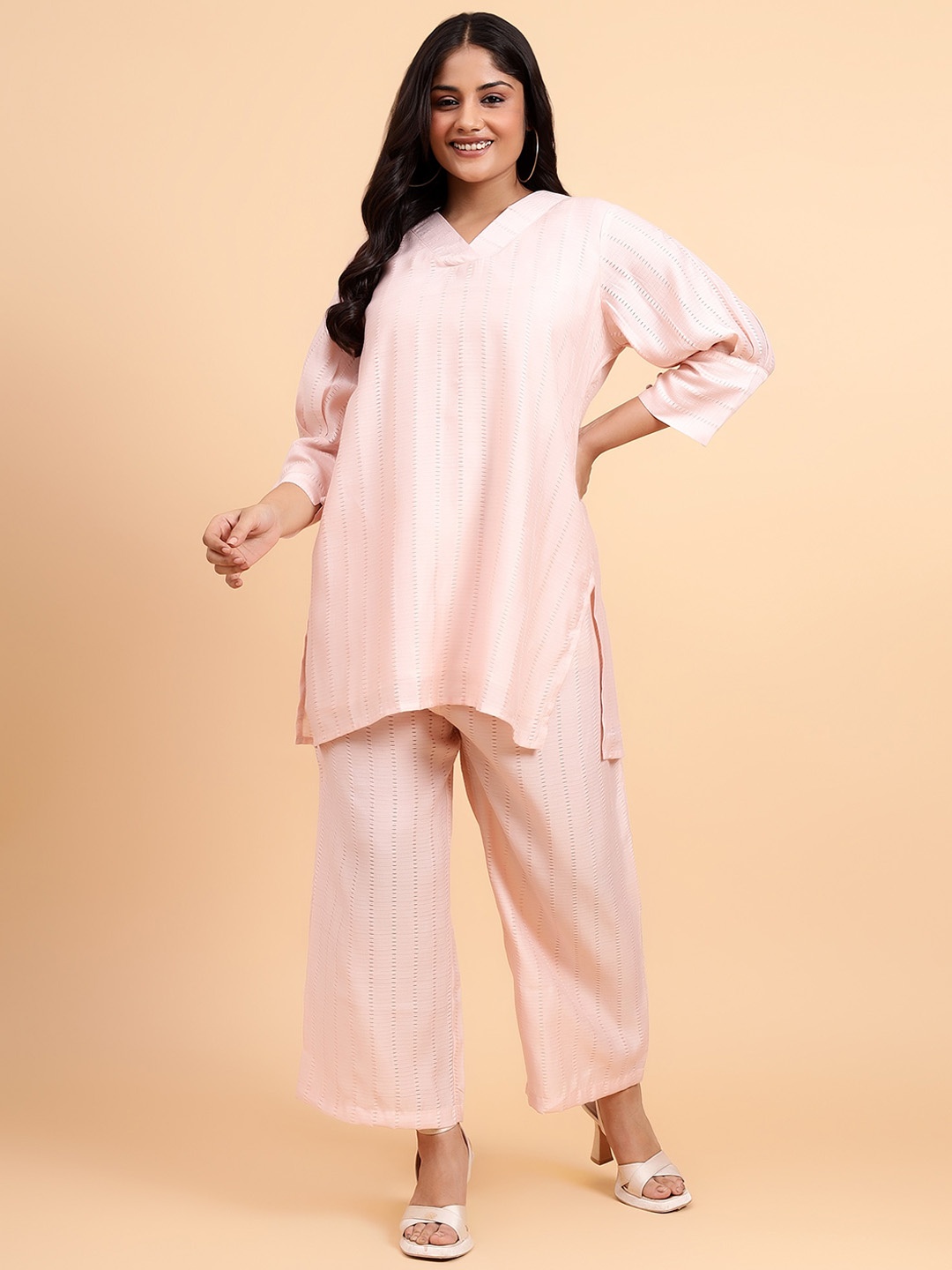 

Bani Women Self Design V-Neck Tunic Top with Trouser, Pink