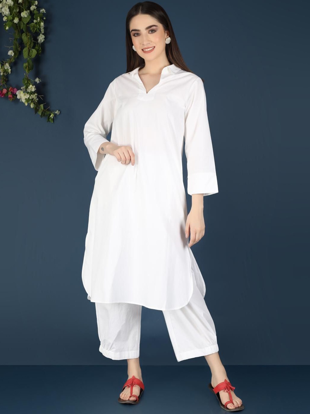 

VASSTRAM Shirt Collar Pure Cotton Tunic & Trousers Co-Ords, White
