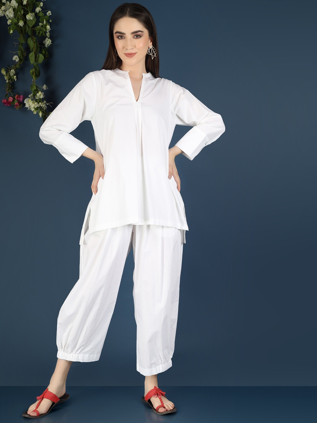 

VASSTRAM Shirt Collar Pure Cotton Tunic & Trousers Co-Ords, White